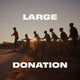 Silhouette of people holding hands with a large donation text overlay